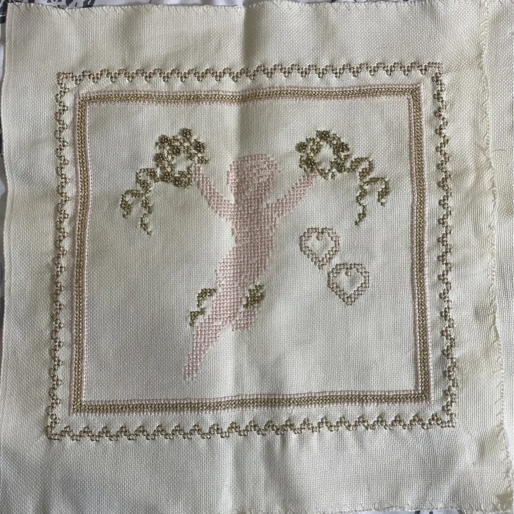 Vintage Lot Of 2 Handmade Cross Stitch Cherubs 11